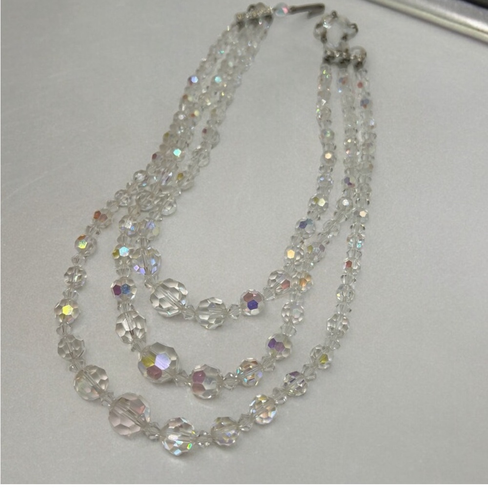 VINTAGE Clear AB Glass 3 Tier Necklace